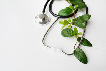Stethoscope or phonendoscope with greenery on white textured background with a copy space