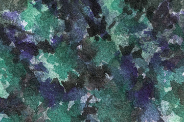 Abstract art background dark green and navy blue colors. Watercolor painting on canvas with black spots and gradient.