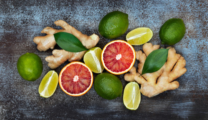 Red oranges, limes and ginger root