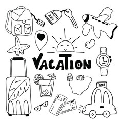 Hand drawn of Vacation black elements on white background. 