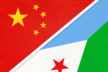 China or PRC vs Djibouti national flag from textile. Relationship between Asian and African countries.