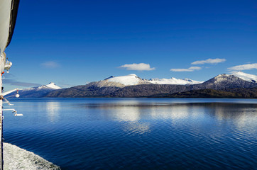 Breathtaking panoramic view of mountains and glaciers along Beagle Channel in Glacier Alley...