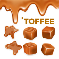 Caramel Toffee Candy Delicious Sweet Set Vector. Collection Of Different Form And Substance Confectionery Toffee. Cubes And Slowing Splash Dessert. Tasty Snack Template Realistic 3d Illustrations