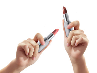 Woman holding lipstick on white background, closeup
