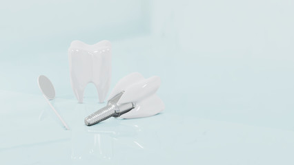 Dental Implants surgery concept, dentistry denture, Dental denture on blue background. 3D render.