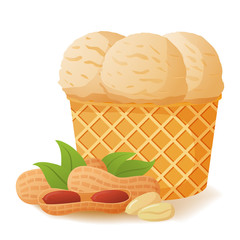 Nut ice cream peanut in waffle cones. Realistic illustration vector.