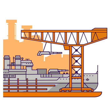 recommend clip art: Military factory.Construction at the shipyard battleship with artillery towers.Warship.Flat line art vector.