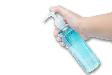 A hand hold alcohol bottle push for protect virus on whith background