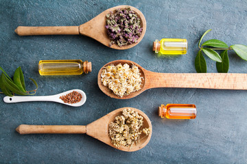 Dry herbs and essences on the table. Alternative medicine. Flat lay