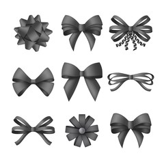 Collection of decorative black bows. Funeral procession decor isolated on white background