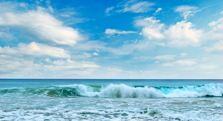 Sea and blue Sky background. Wide photo .