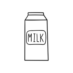 Vector doodle package of milk. Cooking, kitchenware, products, home elements. Hand drawn illustration isolated on white background.