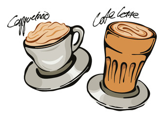 Cup of coffee, cafe latte and hand sketched calligraphy