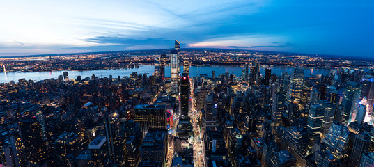 Panoramic view of New York City Skyline at sunset time. USA