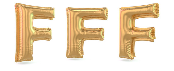 Capital letter F. Uppercase. Inflatable gold balloon on background. 3D