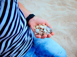 Seashells in the hands of a boy on a background of blue sea. Seascape. Recreation and tourism. Clean nature concept