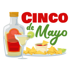 Cinco de mayo - mexican traditional fiesta, badge with nachos and tequila. Vector