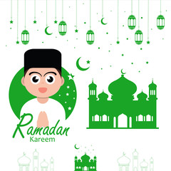 flat illustration poster ramadan design with ramadan kareem cartoon character background