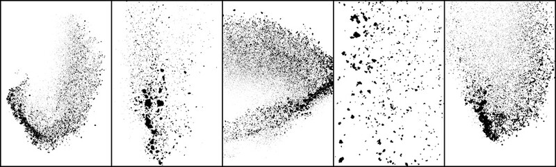 Set of explosion black grainy texture isolated on white background. Dust overlay textured. Dark noise particles. Grunge design elements. Vector illustration, Eps 10.