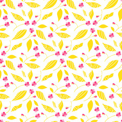 Vector cartoon endless seamless pattern. Cute flourish design, flat style, girlish punch pastel colors. Abstract flowers, branches and leaves. Perfect for cotton fabric, texture, paper