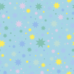 Fototapeta na wymiar Vector seamless pattern. Simple Abstract design. Little cute geometric stars in punch pastel, festive children’s colors. Perfect for fabric, greeting cards, kids room