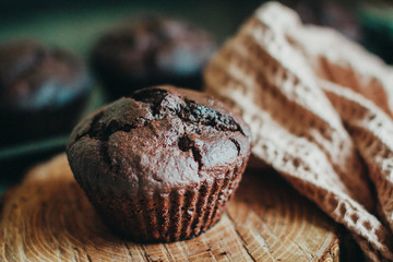 Homemade cakes. Chocolate cupcakes on rye sourdough.