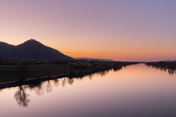 Leopoldsberg and river Danube on a clear evening in spring