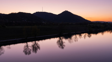 Leopoldsberg and river Danube on a clear evening in spring