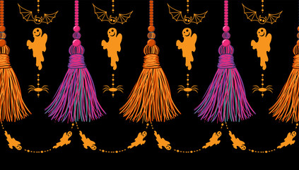 Vector seamless border pattern for Halloween design. Funny ribbons with tassels from yarn or tread, and cute ghosts, bats and spiders. Perfect for cards, borders, headers and horizontal dividers