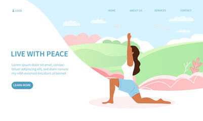 Live with peace poster design in light colours with a young woman working out outdoors and copy space for text, vector illustration