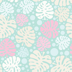 Fototapeta na wymiar Vector seamless pattern. Cute tropical plants with bobbles , monstera leaves. Modern random colors. Perfect for textile, texture, fabric ornament, paper print and simple backgrounds