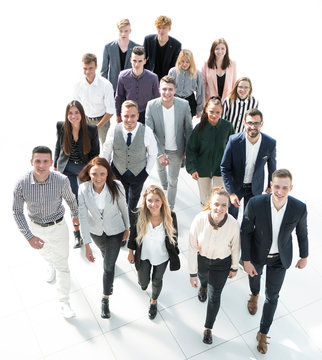 group of diverse young business people walking together
