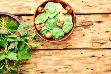 Plate of ravioli with herb
