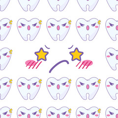 Vector seamless endless pattern, abstract design. Crazy, mad teeth with kawaii faces and cute smiles on white background. Cartoon anime characters for funny design, dental room or clinic