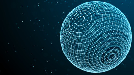 Abstract 3d sphere. Mesh of sphere with points and lines on dark background. Science and technology. 3d rendering.