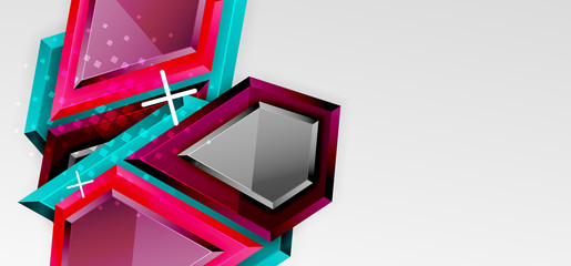 Metal glossy shiny geometric shapes with 3d effect composition. Techno futuristic vector abstract background For Wallpaper, Banner, Background, Card, Book Illustration, landing page