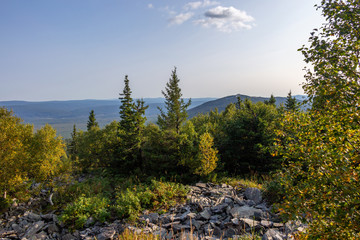 Obraz premium Urenga mountain range near Zyuratkul national Park. Naked mountain (the second hill), an altitude of 1198 meters. Chelyabinsk region, South Ural, Russia