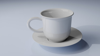3d render illustration. White ceramic cup isolated on background. coffee and tea cup on disc.