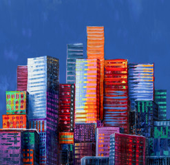 Obraz premium Artistic painting of skyscrapers. Abstract style. Cityscape panorama.