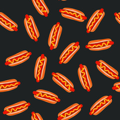 Colorful hand drawn hot dogs on black background. Seamless pattern vector illustration.