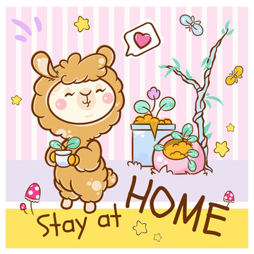 Vector cartoon illustration in kawaii kids style. Kawaii big-headed smiling alpaca (or Llama) at abstract room with message “STAY AT HOME”. Lovely elements: stars, plants, butterflies, agarics, heart 