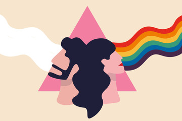 LGBT pride rainbow, equality and self affirmation of lesbian, gay, bisexual, and transgender (LGBT) concept, faces of man and lady on pink triangle prism, light pass show real LGBT rainbow colours.