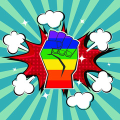 Punch and rainbow stripes represent to pride flag. LGTBQ community, gay, lesbien, bisexual, transgender.