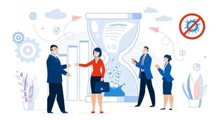 Business Contract Conclusion. Successful Deal Agreement. Time and Money Management. Businesspeople, Employee Team Applauding. Leader Handshaking. Hourglass, Falling Cash. Coronavirus Flu Epidemic