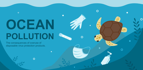 Stop water ocean pollution. Consequences of overuse of disposable virus coronavirus protection products. Turtle in garbage surgical medical mask, latex gloves, sanitizer plastic bottle, test tube.