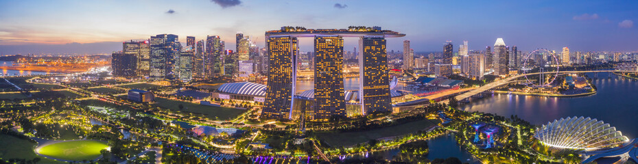 Aerial drone view of Singapore business district and city, Business and financial district Modern building in the city center of Singapore on February 2, 2020 in Singapore. - obrazy, fototapety, plakaty