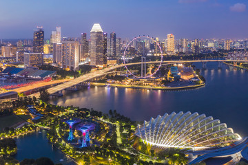 SINGAPORE - FEBRUARY 2: Aerial drone view of Singapore business district and city, Business and...