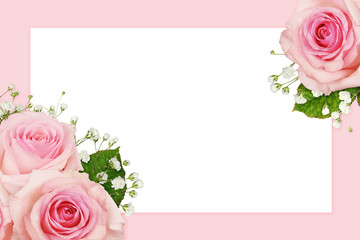 Pink rose flowers and gypsophila in a corner floral arrangements with white card