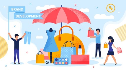 Brand Development and Piracy Protection Metaphor. People Carrying Shopping Bag and Putting Product under Parasol. Marketer Holding Flag with Promoting Lettering. Fashion Woman Goods Security