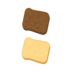 Dark and white bread toast on wooden kitchen board, isolated on white background. Vector flat illustration.